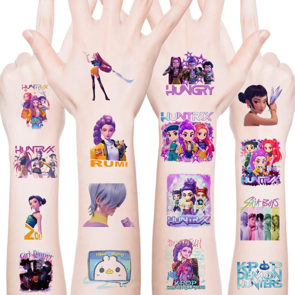 50Pcs Sheets Kpop Demon tattoos feature kid-friendly artwork for at-home activities.