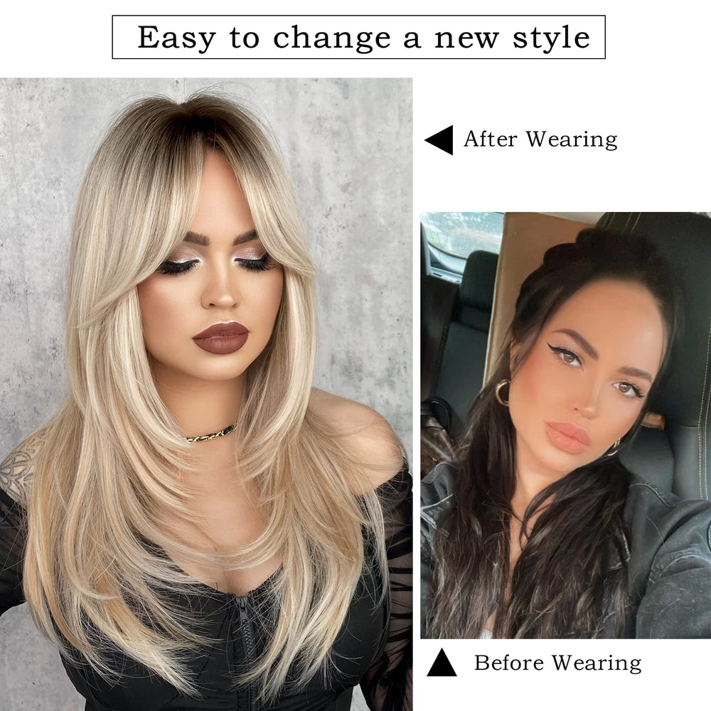 Peluca 7JHH WIGS, balayage rubia con flequillo, acabado suave y versátil.