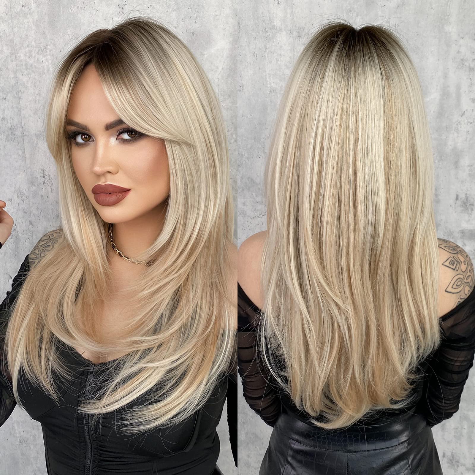 Peluca 7JHH WIGS, larga rubia con flequillo, look diario natural.