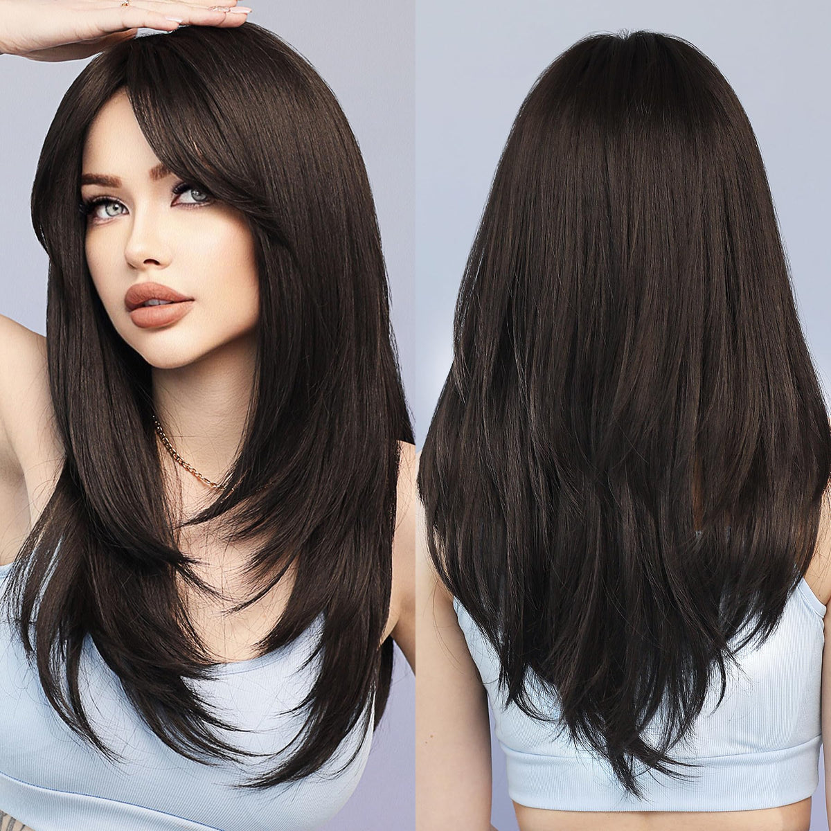 Peluca 7JHH WIGS negra larga con franja lisa para uso diario