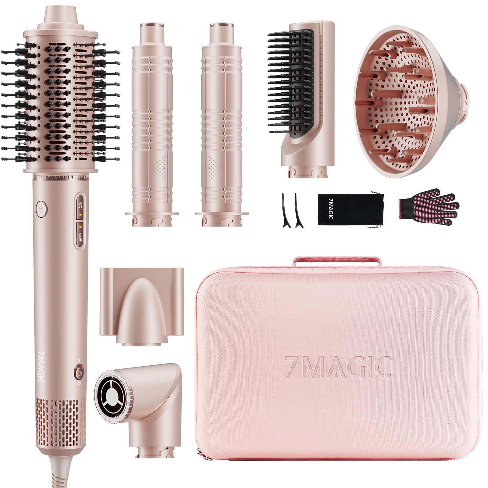 Presentación del kit 7MAGIC 7 en 1, ideal para secar y peinar en casa.
