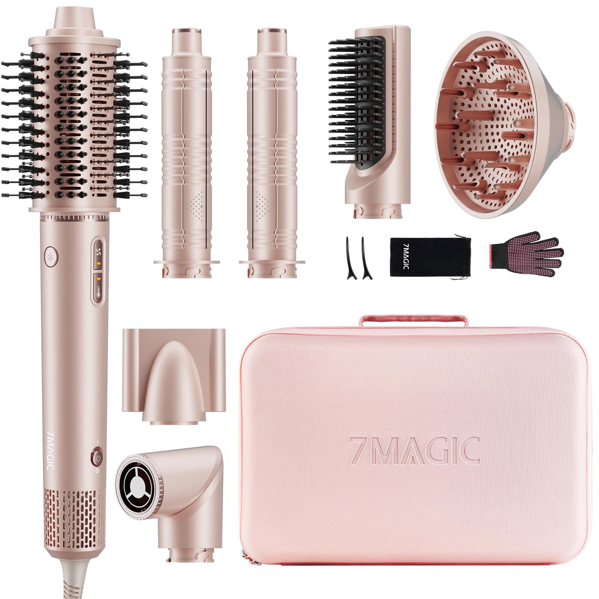 Presentación del kit 7MAGIC 7 en 1, ideal para secar y peinar en casa.
