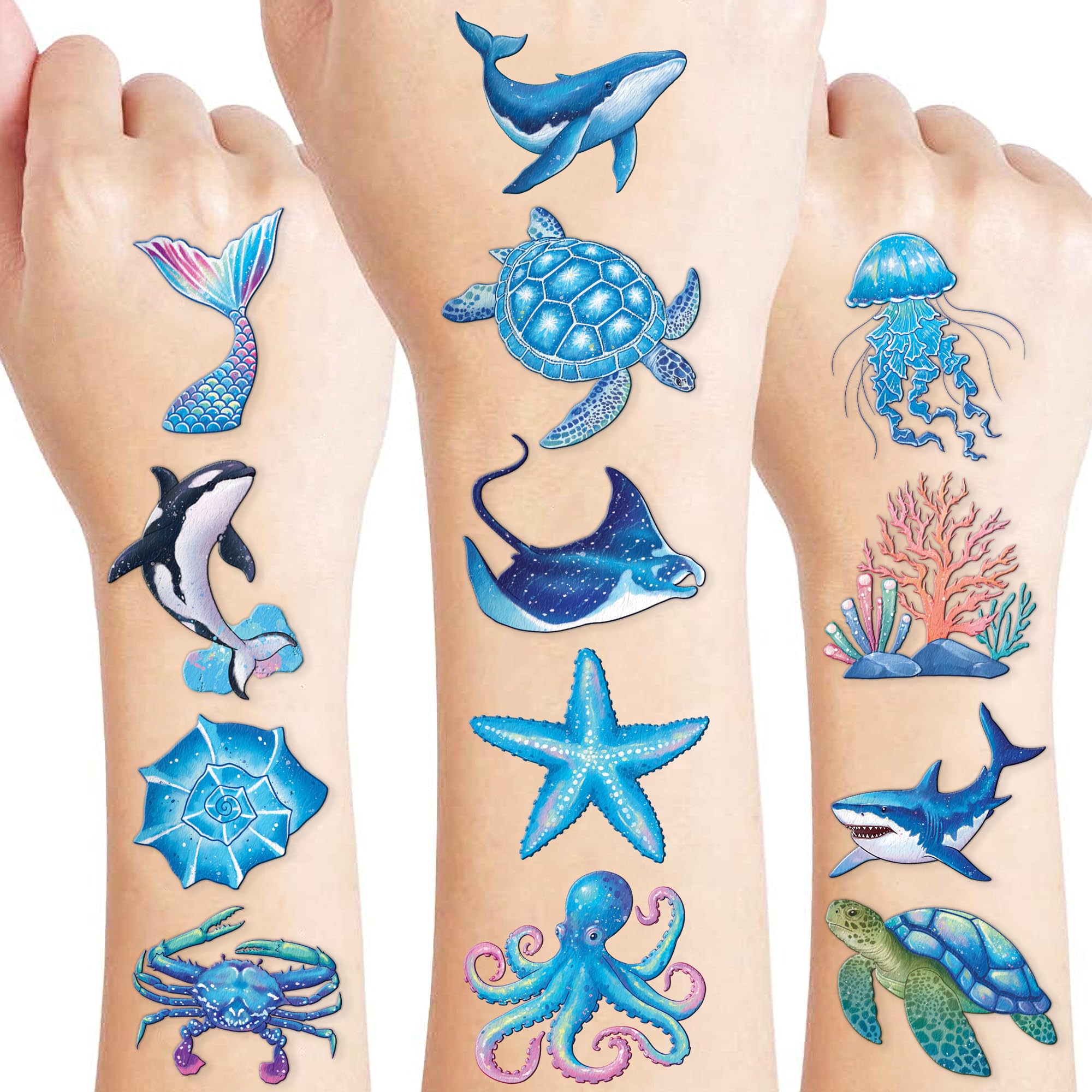Tatuajes temporales 91TATTOOS de peces marinos para niños, ideales para fiestas temáticas