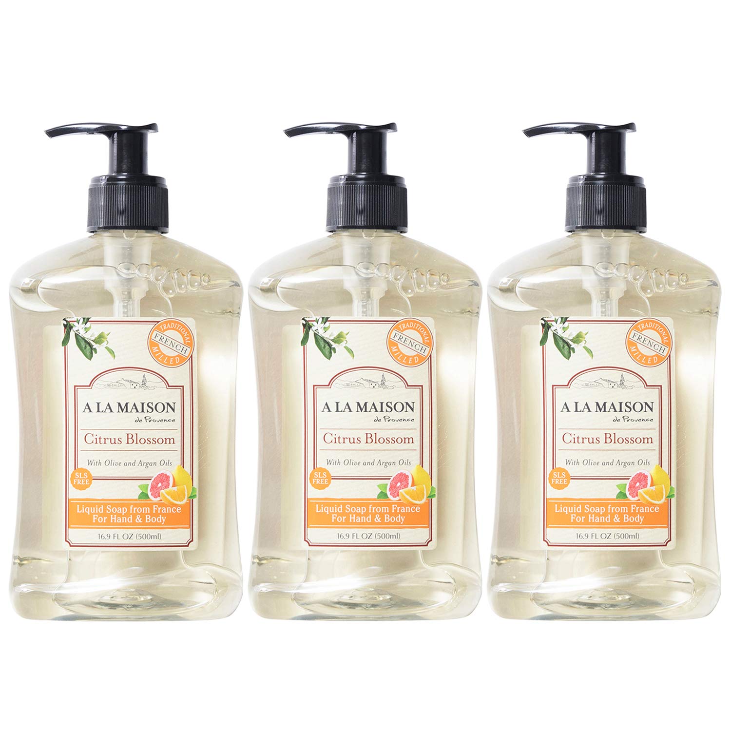 A LA MAISON Citrus Blossom hand soap bottle showcases premium packaging for daily use.