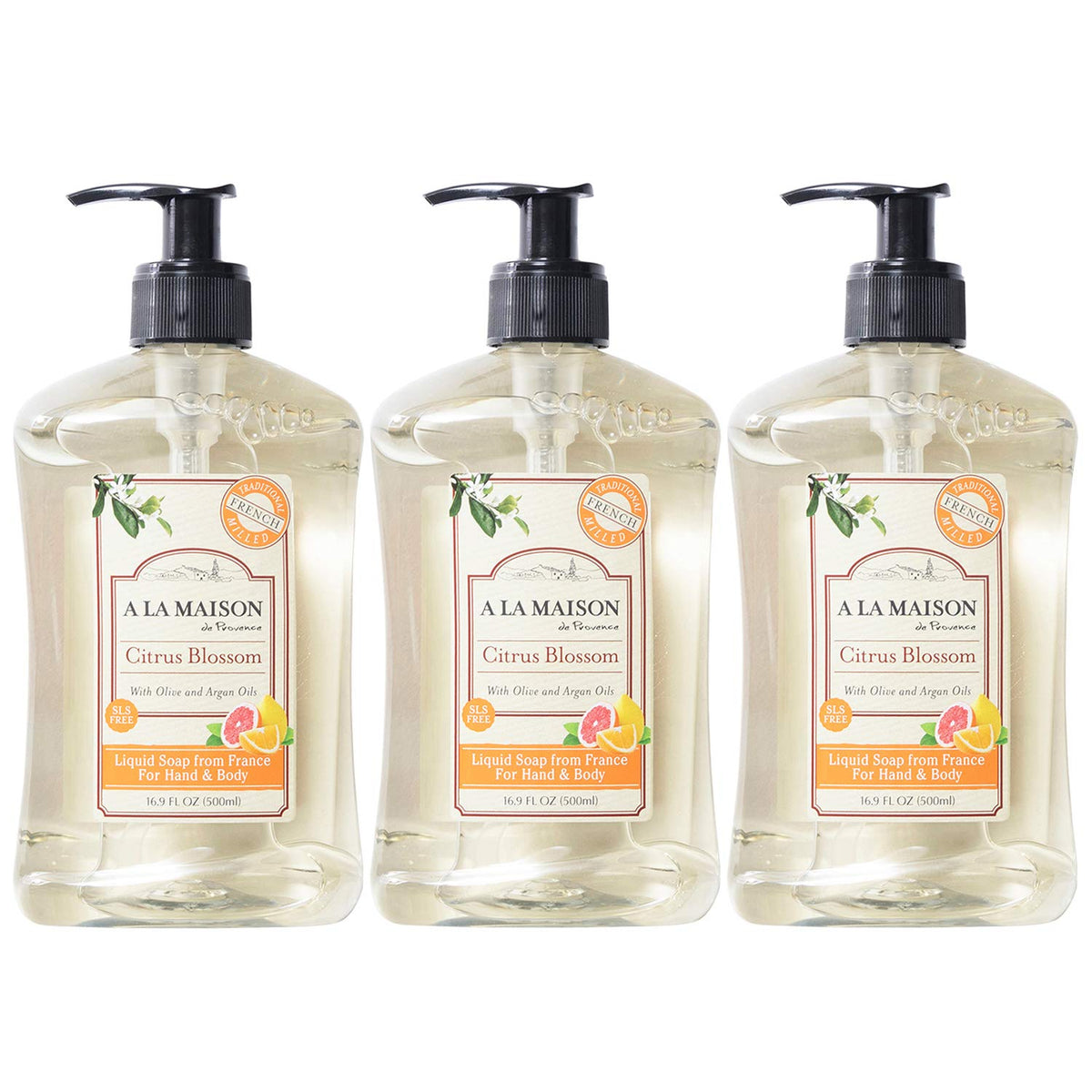 A LA MAISON Citrus Blossom hand soap bottle showcases premium packaging for daily use.
