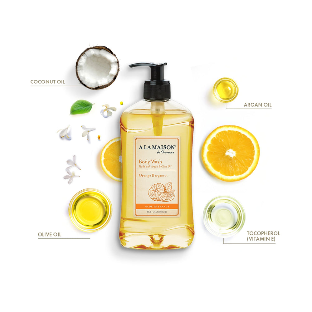 A LA MAISON gel ducha naranja bergamota detalle etiqueta: certificación y calidad percibida.