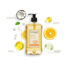 A LA MAISON gel ducha naranja bergamota detalle etiqueta: certificación y calidad percibida.