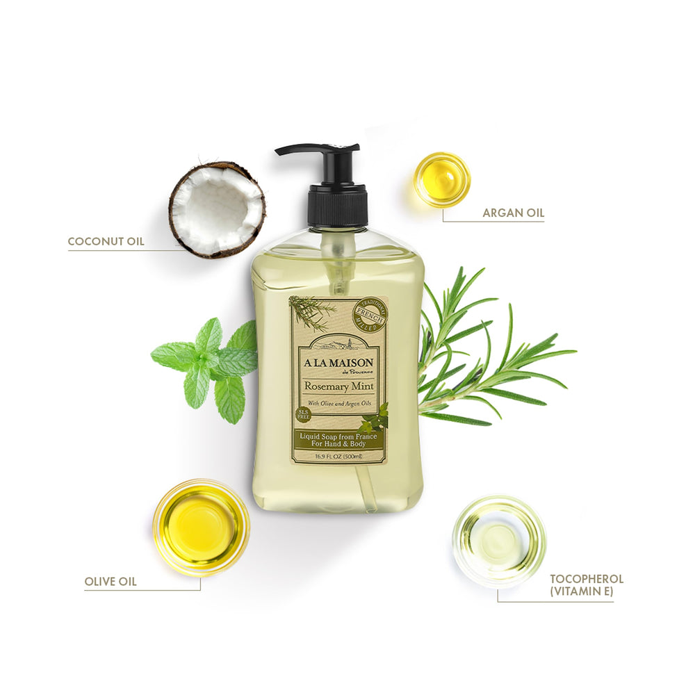A LA MAISON Rosemary Mint hand soap pump on a sink, delivering a rich, gentle lather.