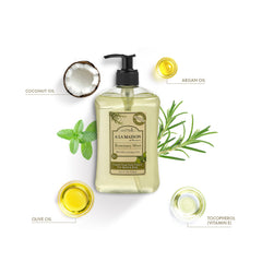 A LA MAISON Rosemary Mint hand soap pump on a sink, delivering a rich, gentle lather.