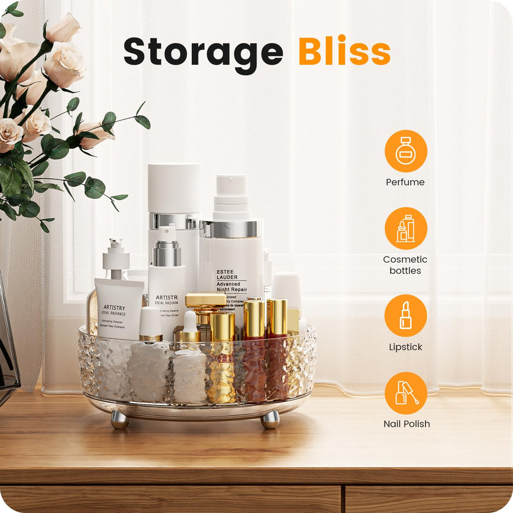 Gran capacidad para cosméticos y accesorios en una base estable.