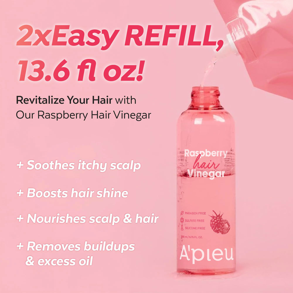 Dandruff-control emphasis with Raspberry Hair Vinegar bottle and scalp-friendly design.