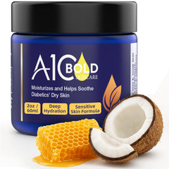 Aplicación suave del Bálsamo A1C Bold Skincare en manos secas para alivio.