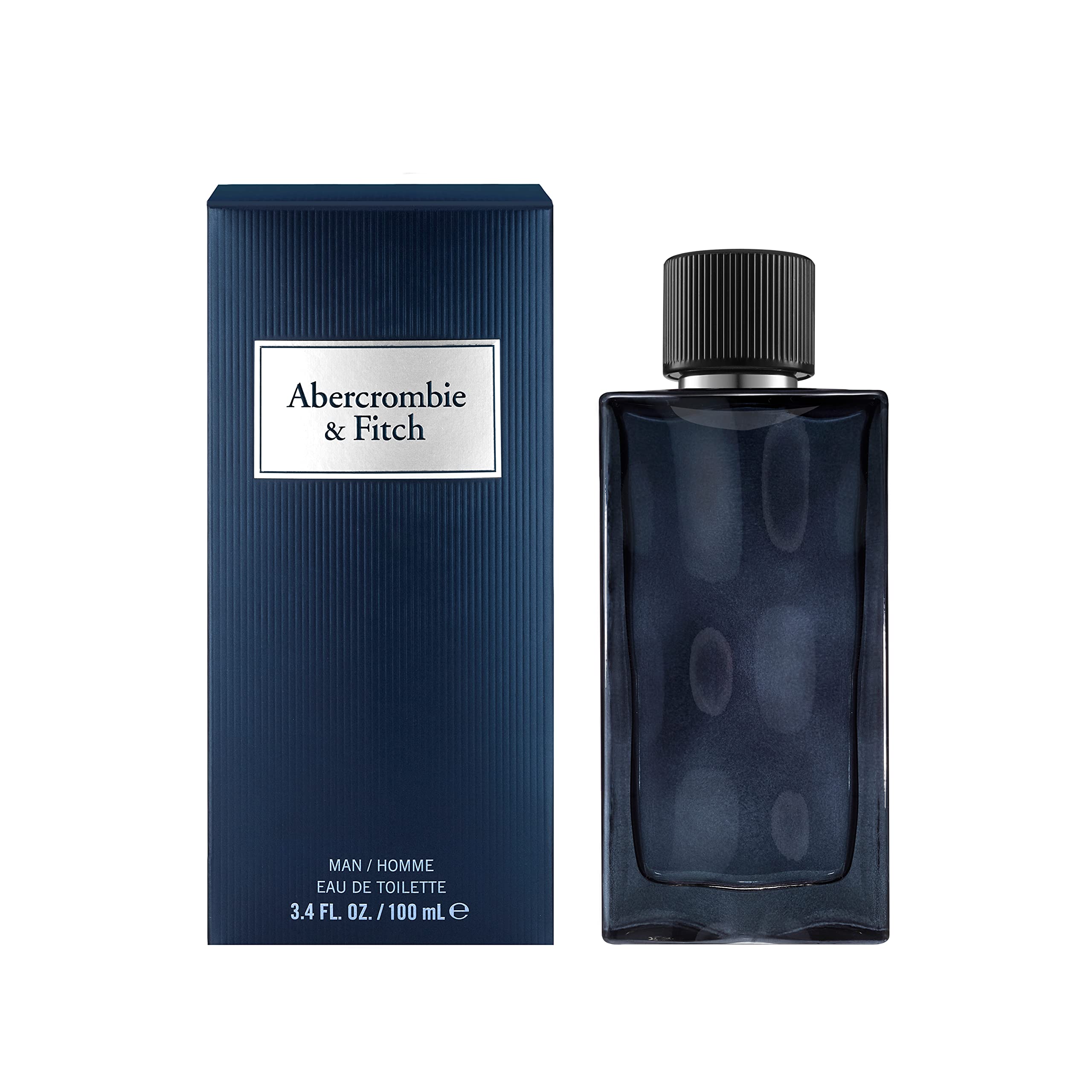 Abercrombie & Fitch First Instinct Blue, caja de presentación, acabado elegante para estantería.