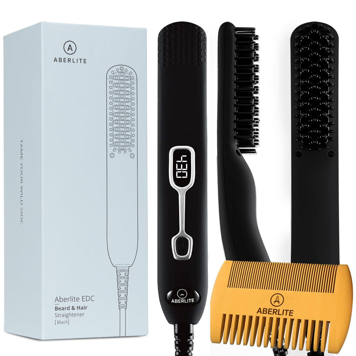 Aberlite EDC: cepillo-barba caliente en primer plano para alisado rápido.