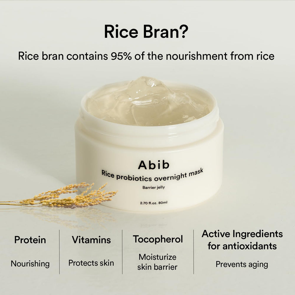 Abib Rice Probiotics Overnight Mask Barrier Jelly spread on skin demonstrates overnight nourishment.