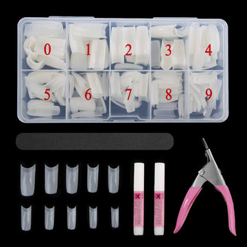 Abodhu nail tips box front shows organized 500-piece kit for precise sizing