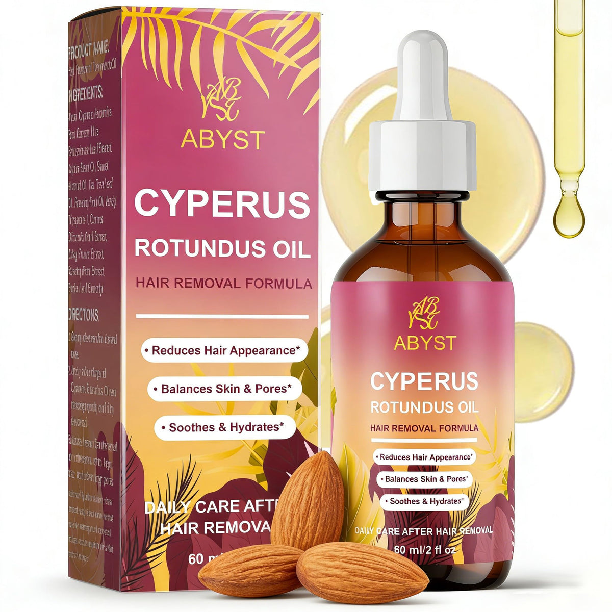 ABYST Pure Cyperus Rotundus Oil bottle for gentle, natural hair growth reduction.