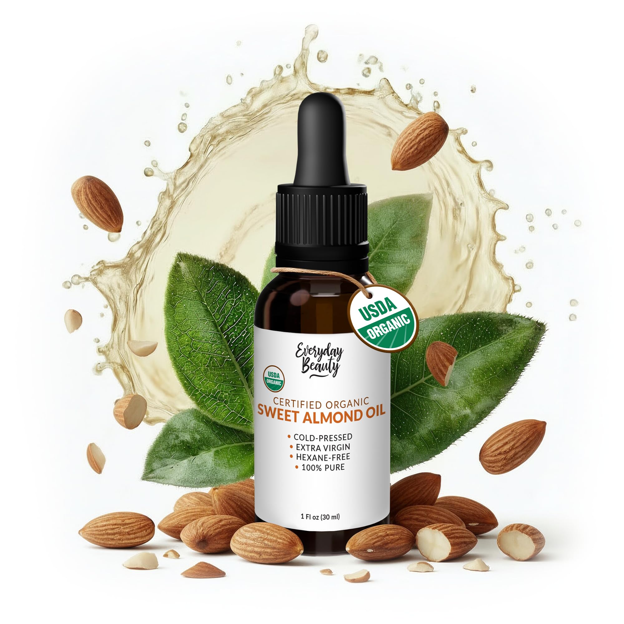 Aceite de Almendra Dulce Orgánico — botella ámbar con gotero para aplicación suave