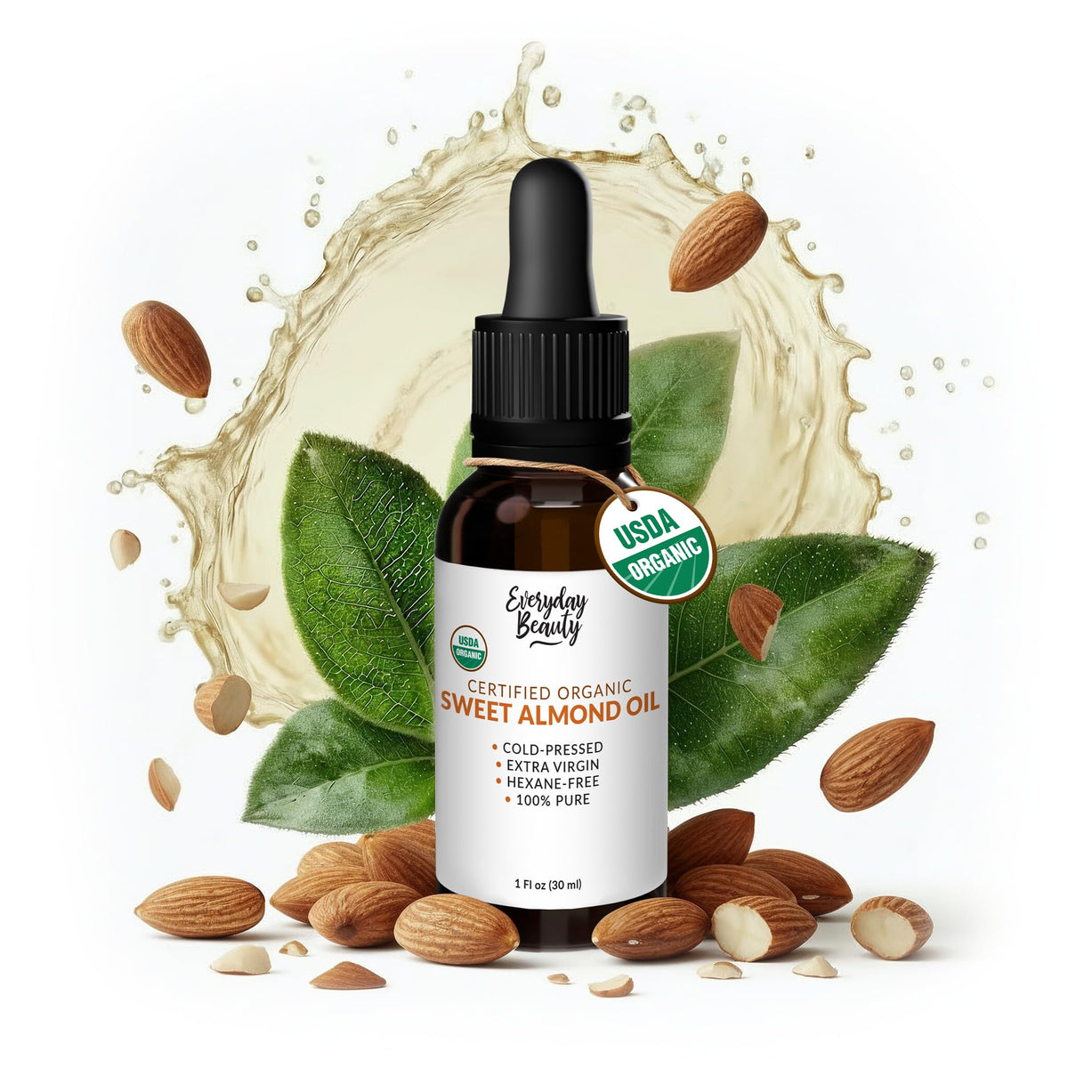 Aceite de Almendra Dulce Orgánico — botella ámbar con gotero para aplicación suave