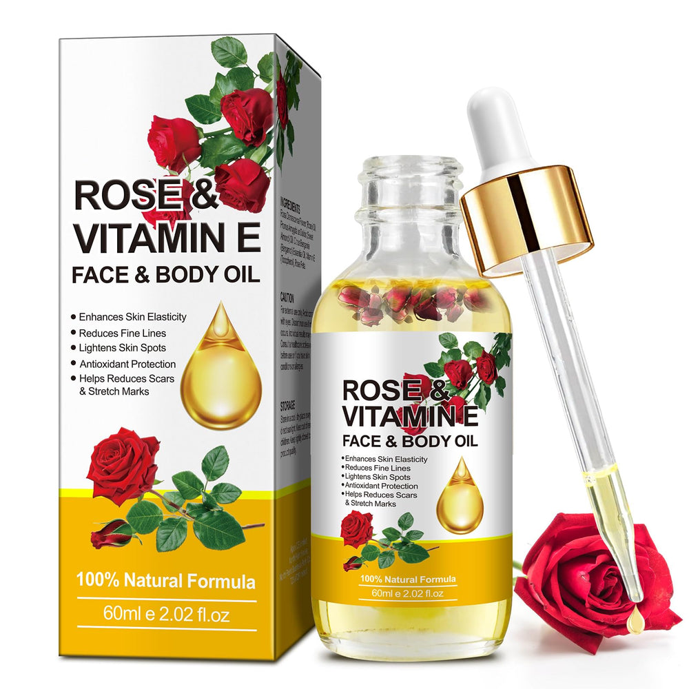 Aceite Rosa Vitamina E: frasco de 60 ml para hidratación profunda.