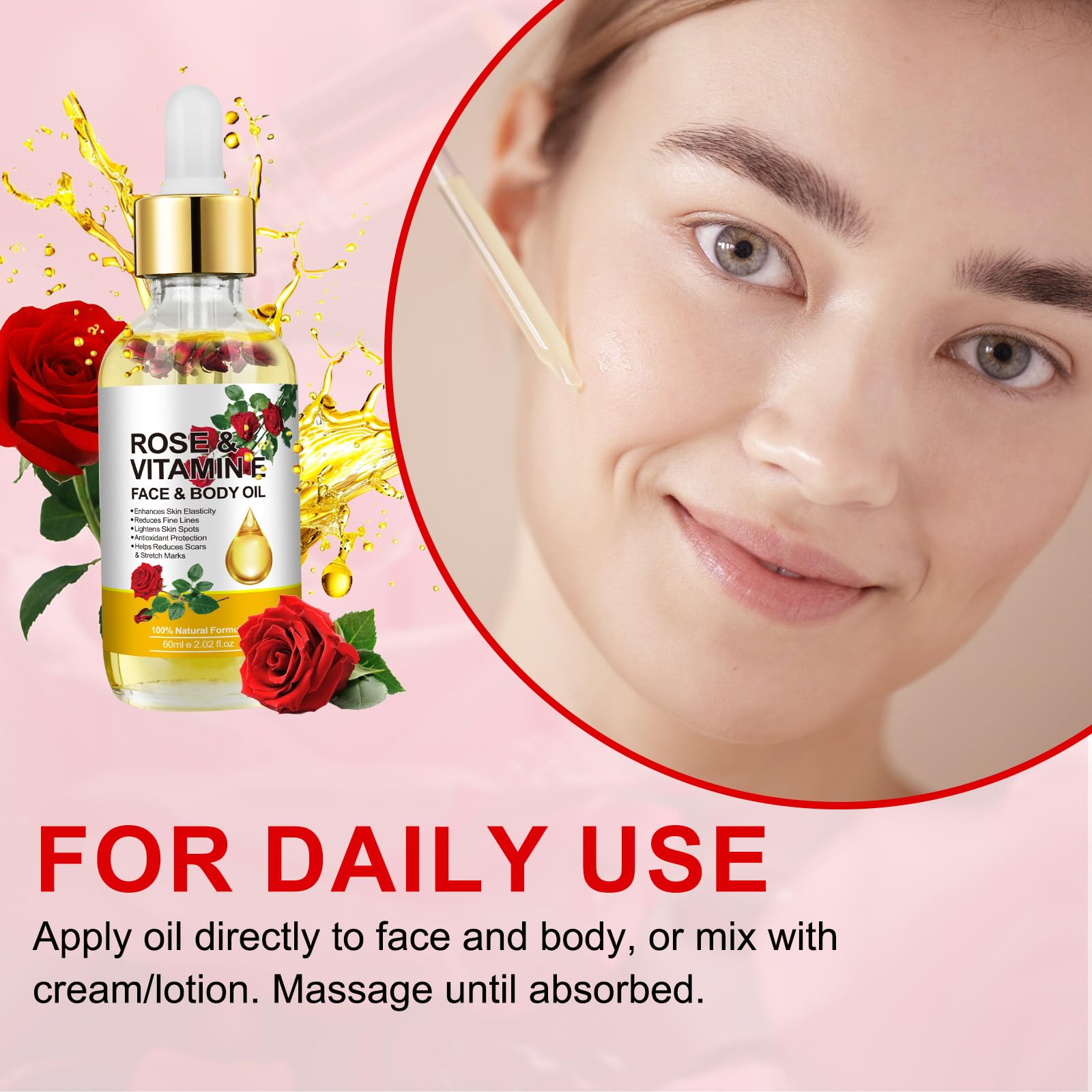 Aceite Rosa Vitamina E: gota para aplicación suave.