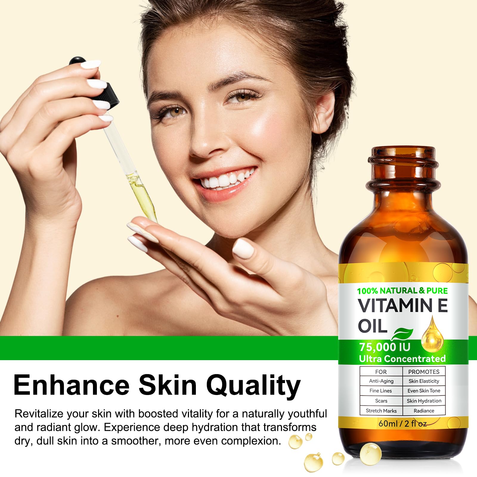 Aceite Vitamina E 75000 UI: aplicación en rostro para nutrición