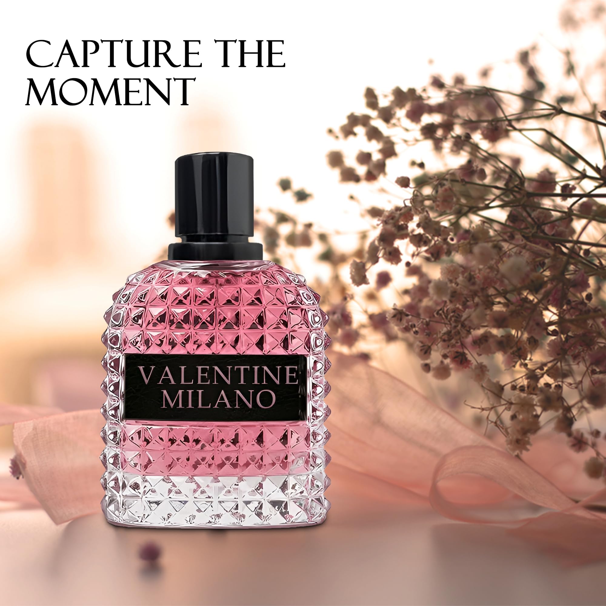 A CENTER Milano Perfume para mujer, empaque elegante en caja rosa para exhibir.