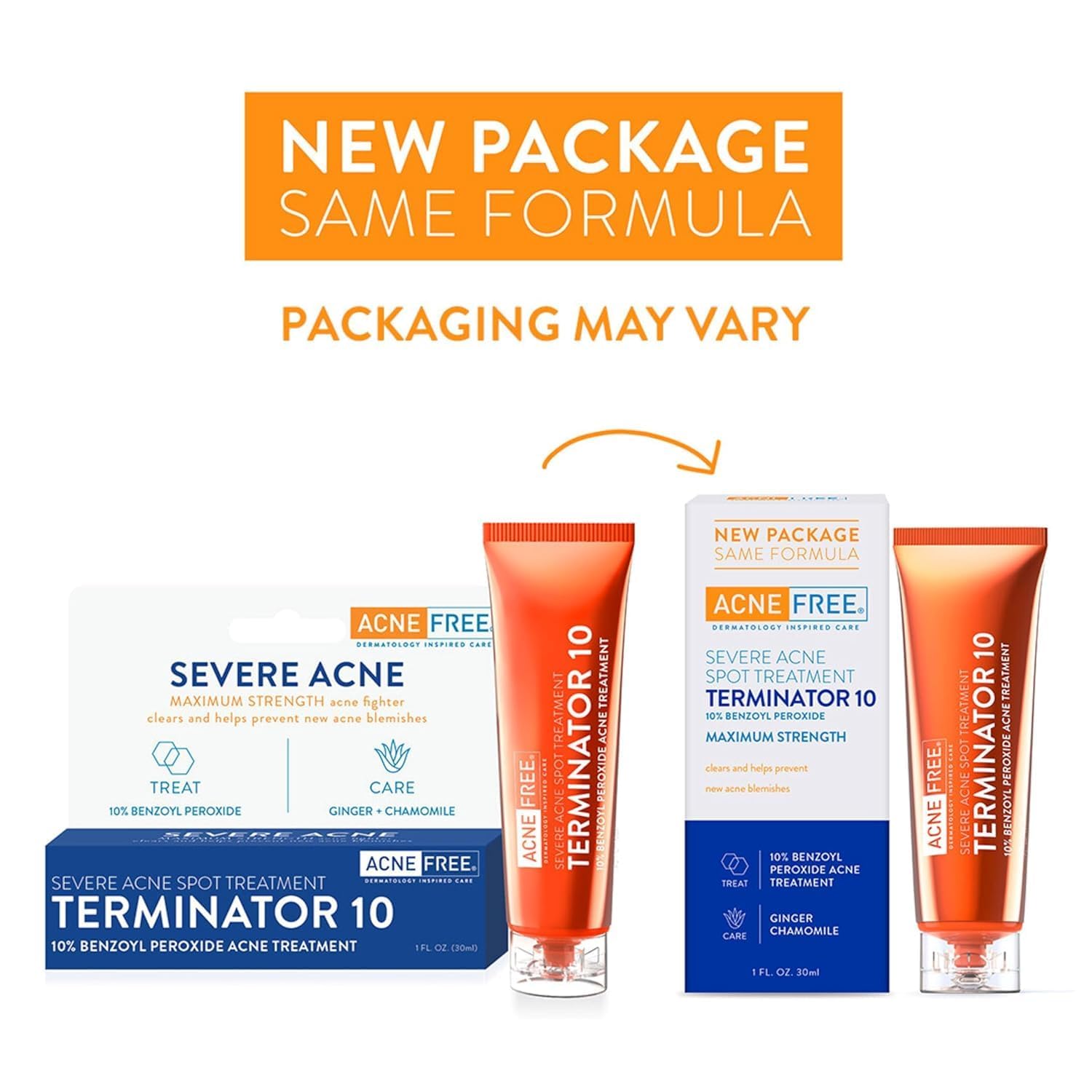 Envase compacto de AcneFree Terminator 10 listo para viaje.