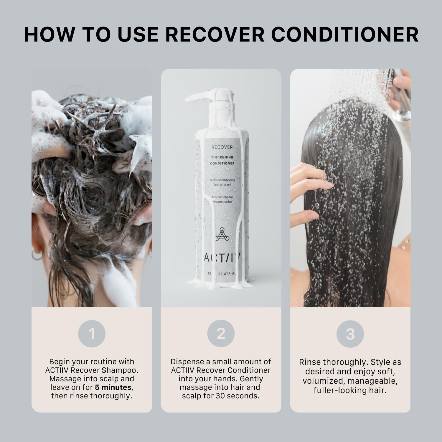ACTIIV Recover Conditioner application-mains illustre une utilisation simple et rapide