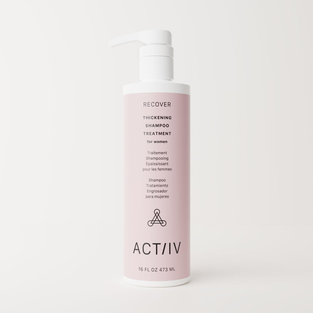 Etiqueta del ACTIIV Recover Thickening Shampoo con detalles veganos.