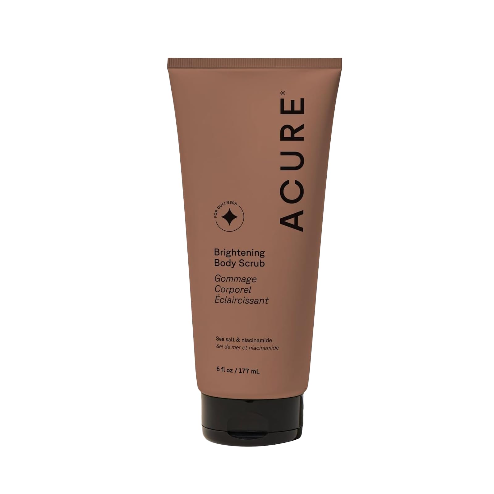 Acure exfoliante corporal con sal marina para piel suave y radiante.