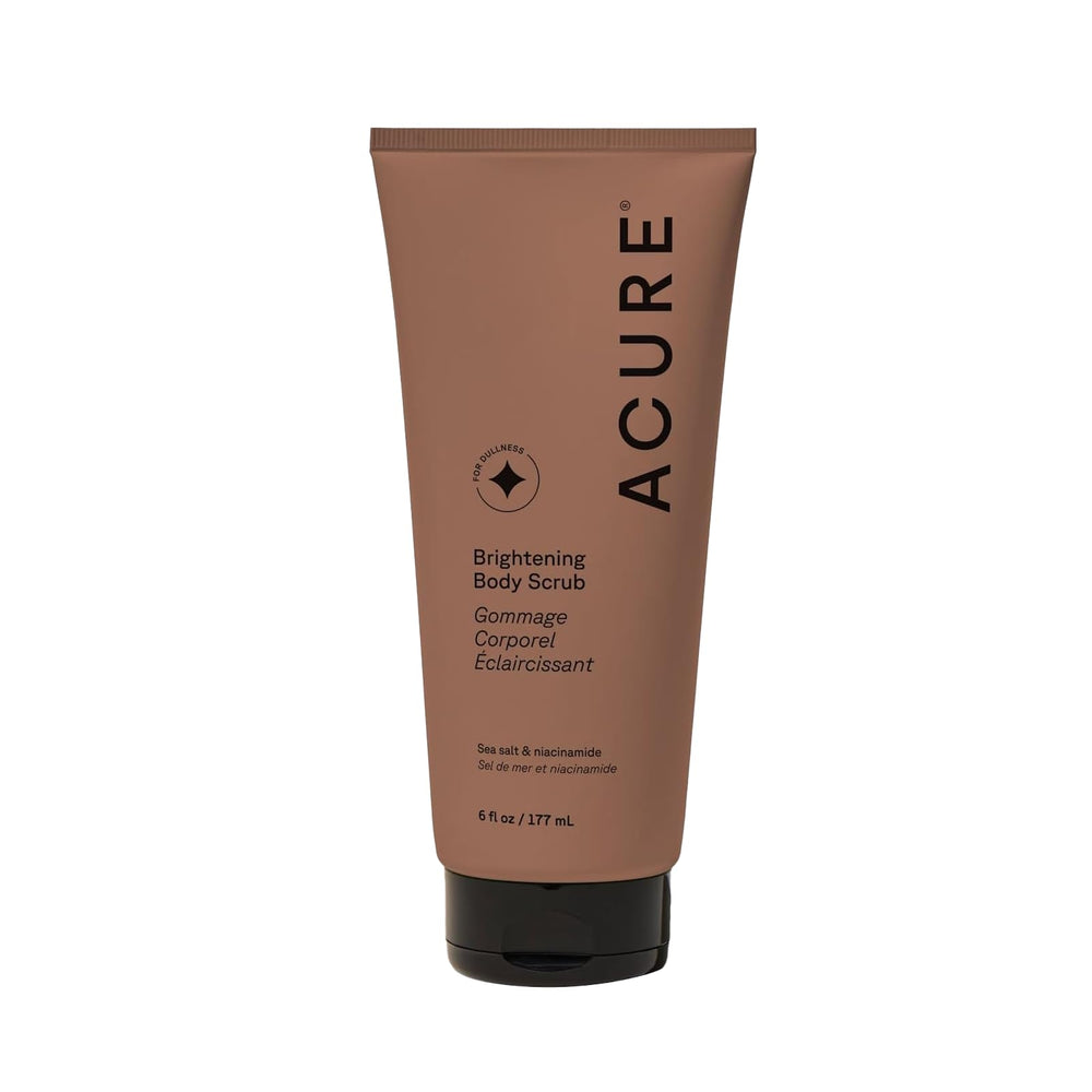 Acure exfoliante corporal con sal marina para piel suave y radiante.