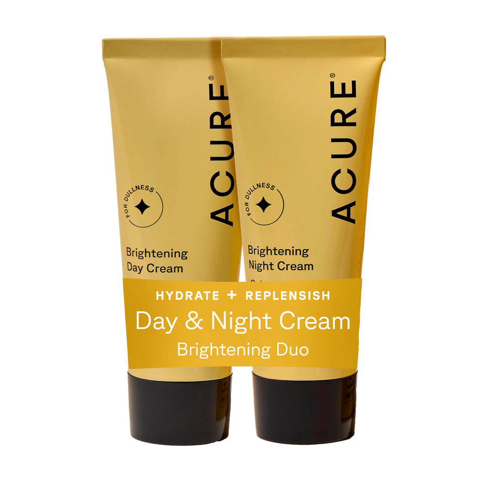 Acure crema dia iluminadora en botella, hidrata y equilibra la piel para uso diario.