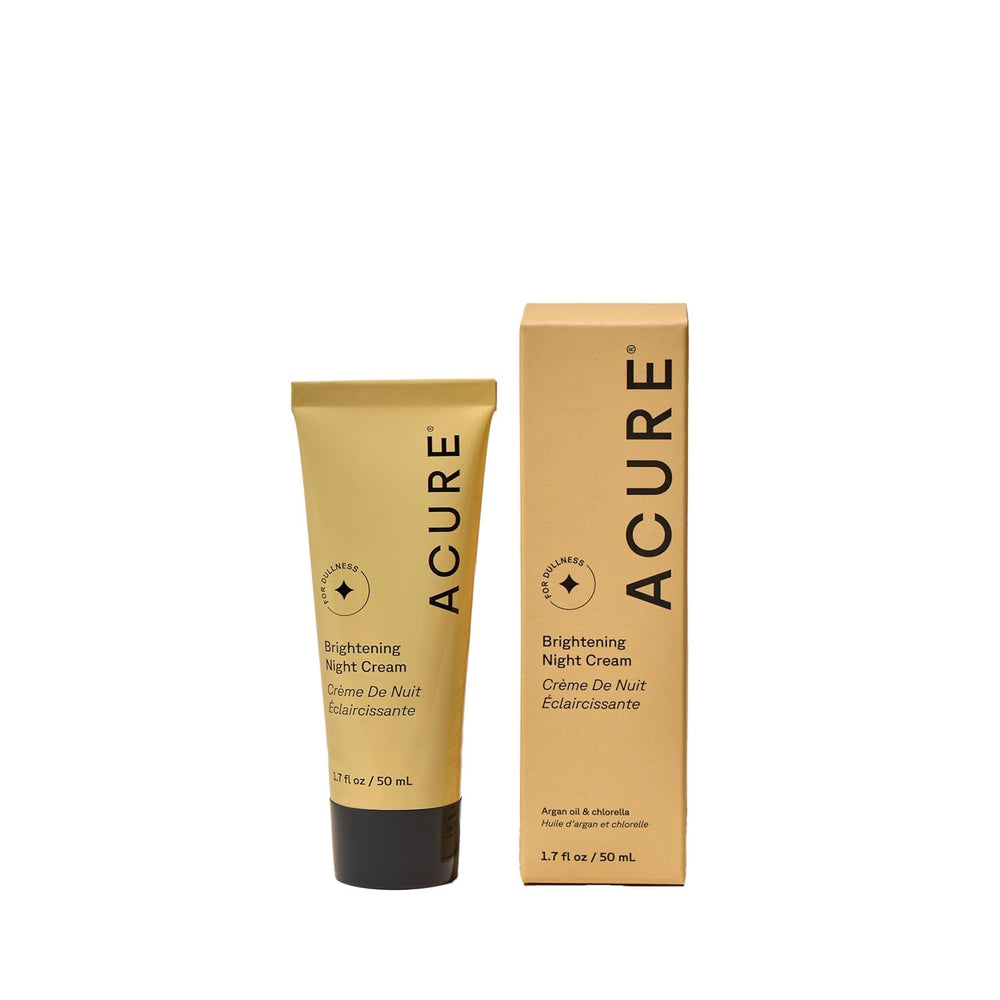Acure crema noche brillante en envase, hidratación nocturna para despertar con tez radiante