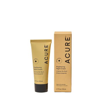 Acure crema noche brillante en envase, hidratación nocturna para despertar con tez radiante