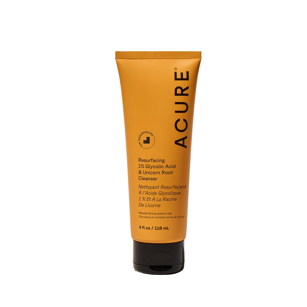 Acure Resurfacing, frente de la botella, exfoliación suave para piel más radiante.
