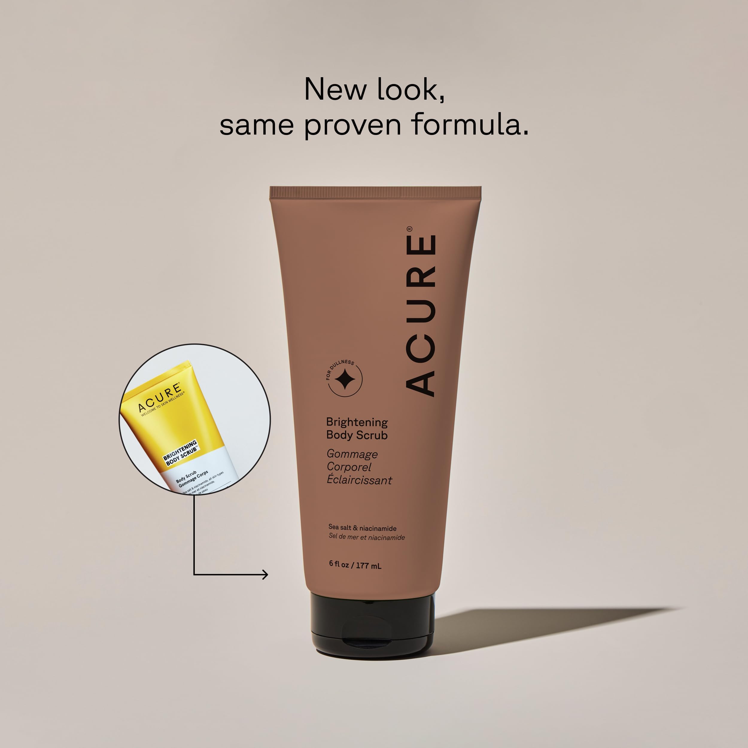 Acure exfoliante con arcilla y niacinamida para textura refinada.