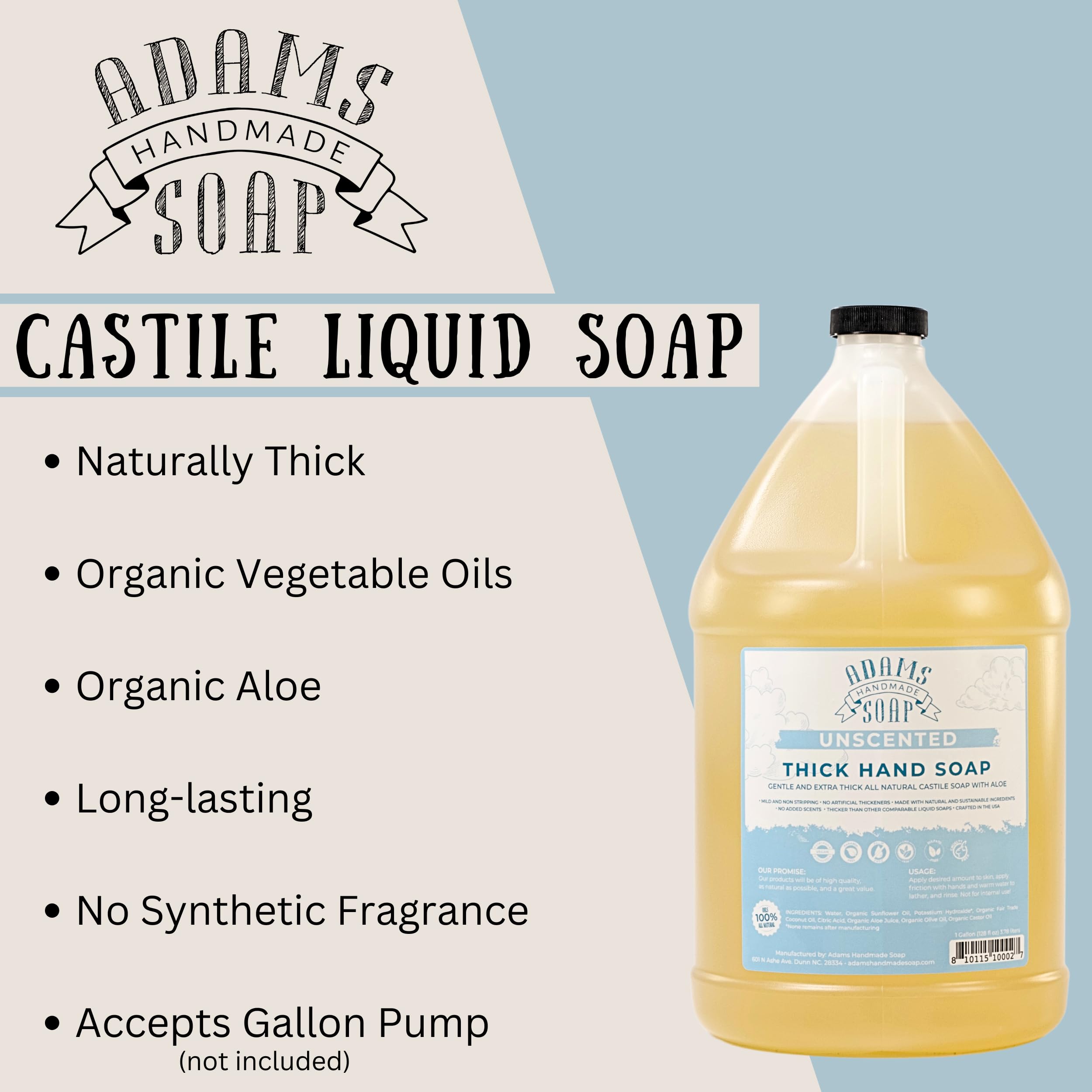 Adams Handmade Soap: recarga de 1 galón de jabón castile para uso prolongado y económico.