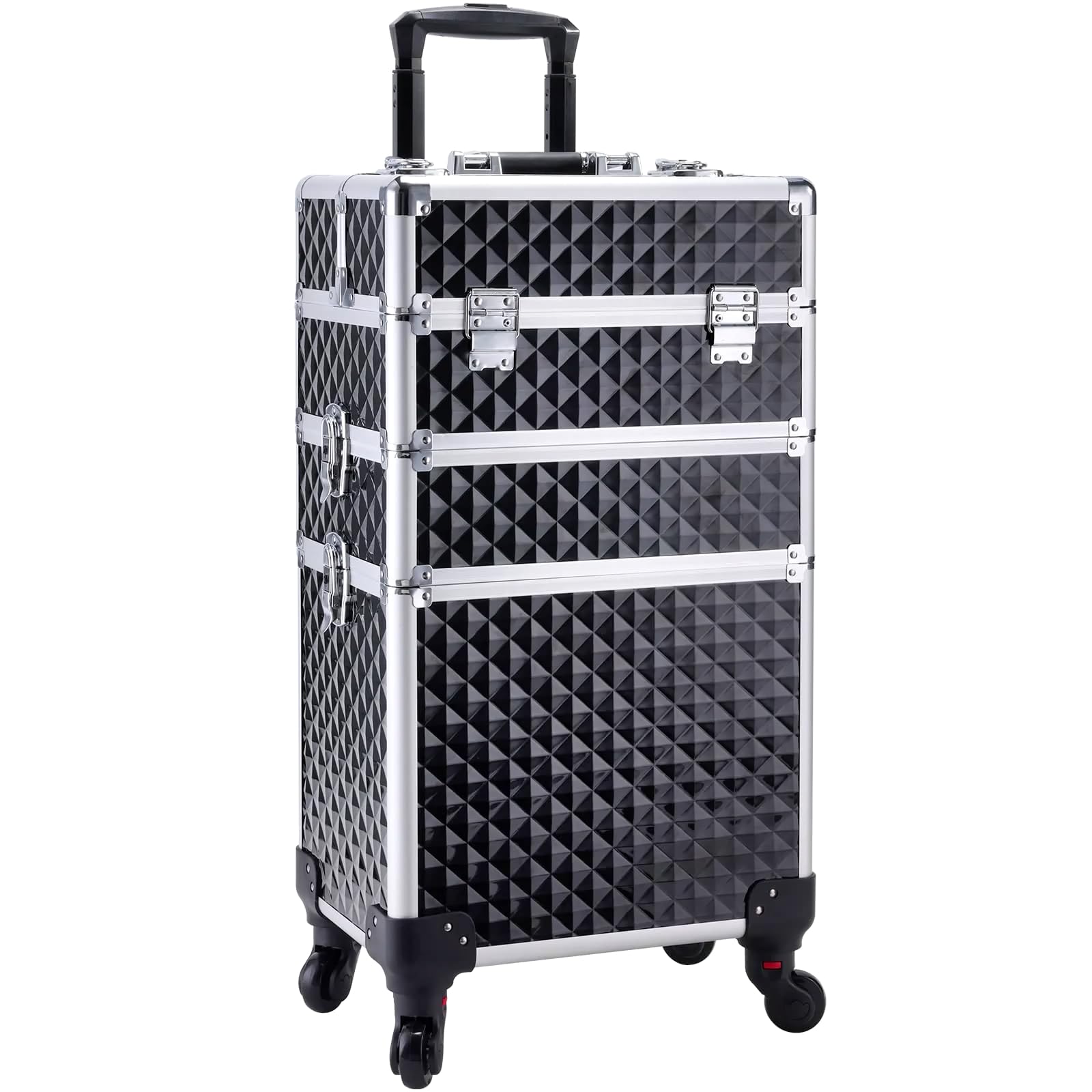 Adazzo maleta maquillaje exterior con patrón diamante negro, para transportes seguros entre sesiones.
