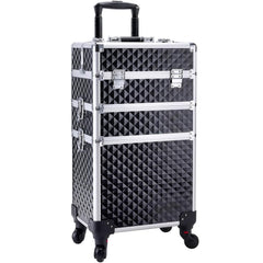 Adazzo maleta maquillaje exterior con patrón diamante negro, para transportes seguros entre sesiones.
