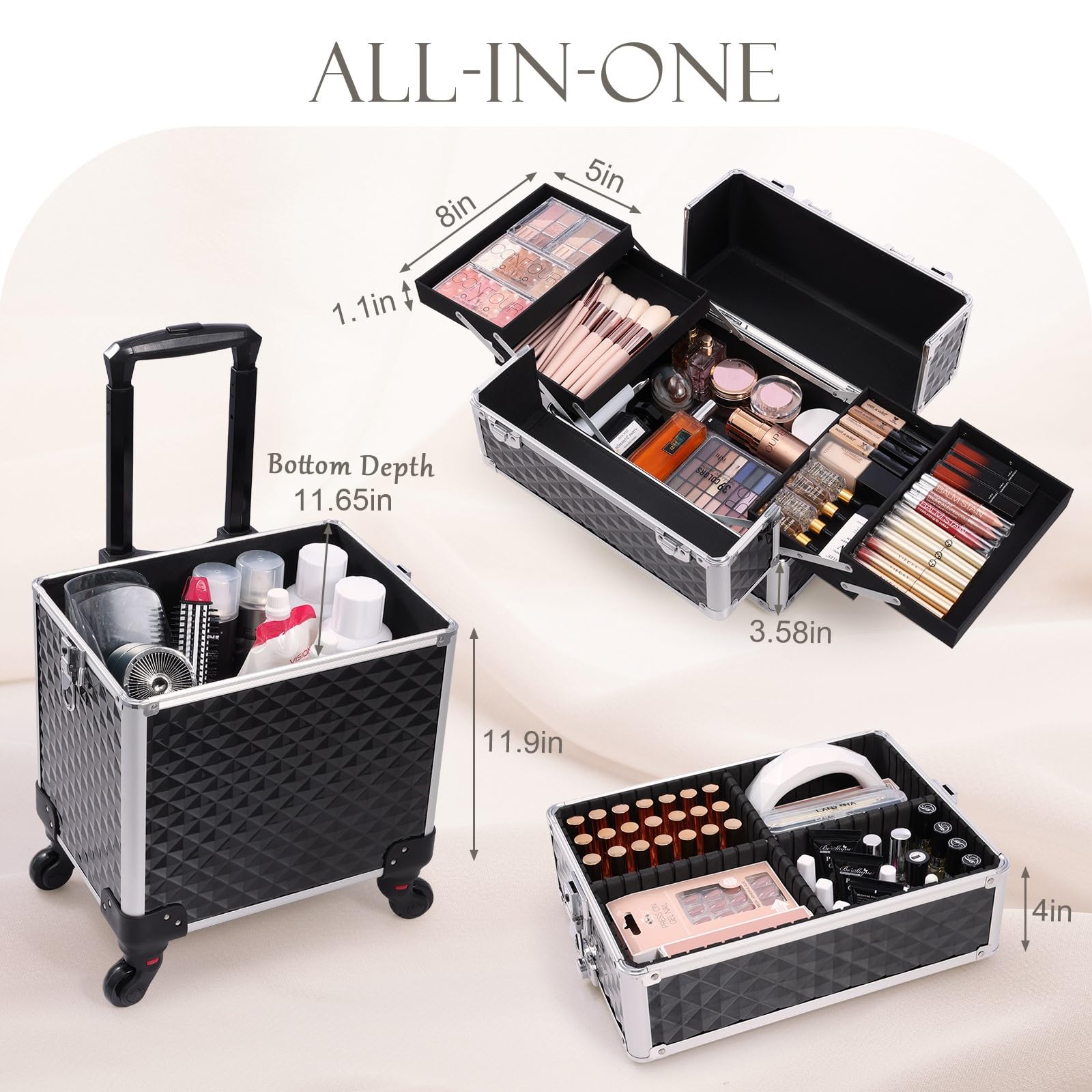 Adazzo maleta maquillaje ruedas 360, movilidad suave sobre cualquier superficie.