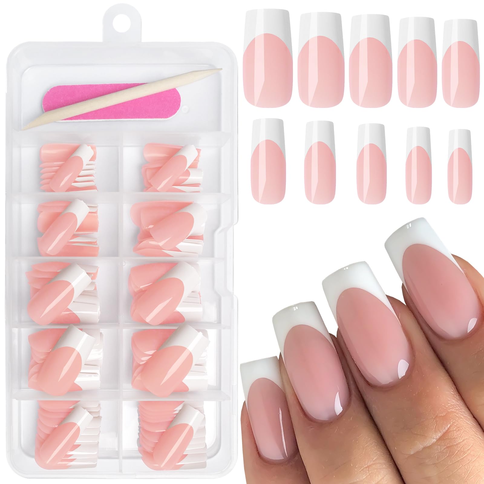 AddFavor uñas francesas blancas en formato cuadrado, kit listo para manicura rápida.