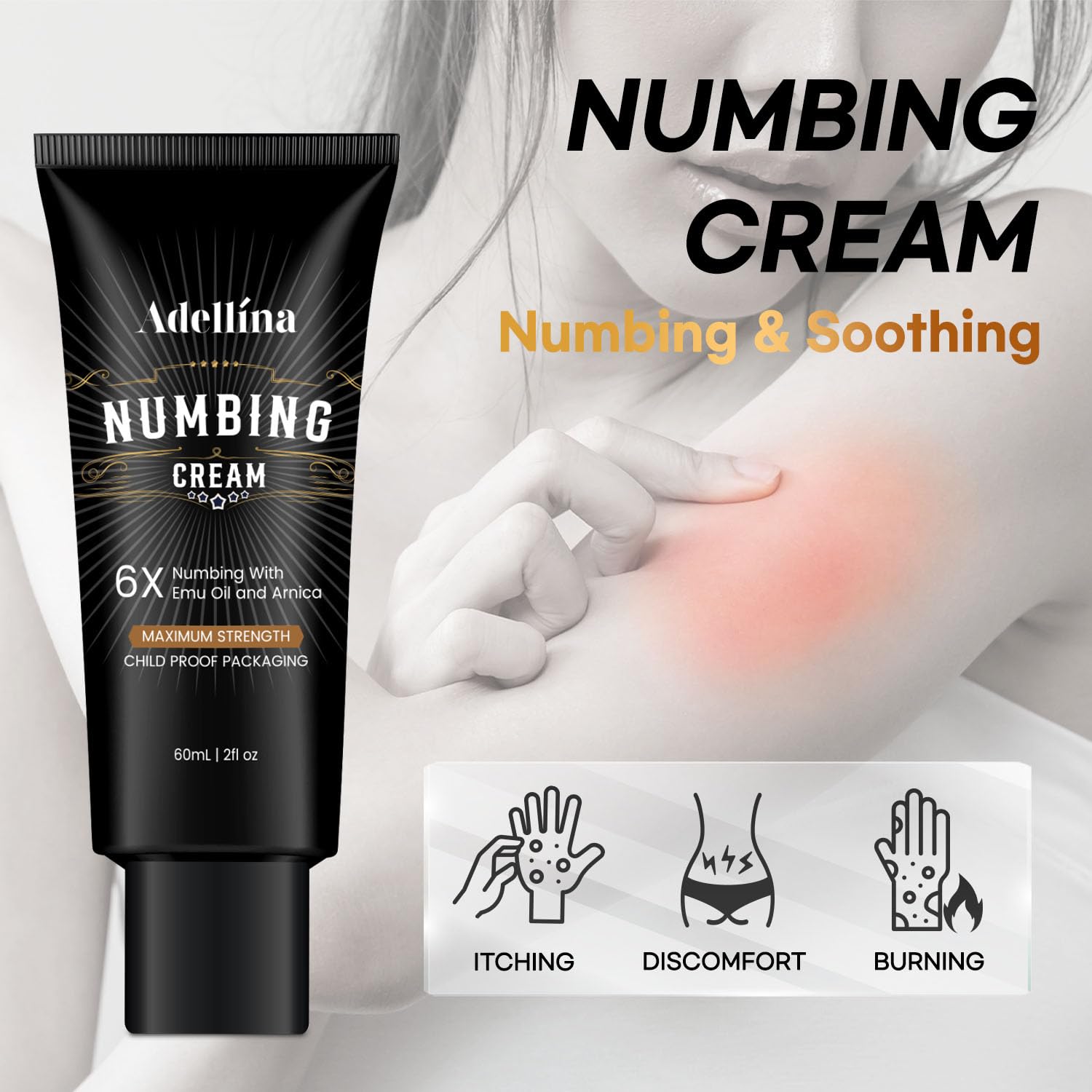 Adellina crema anestésica, aplicación suave y textura ligera para uso cómodo.