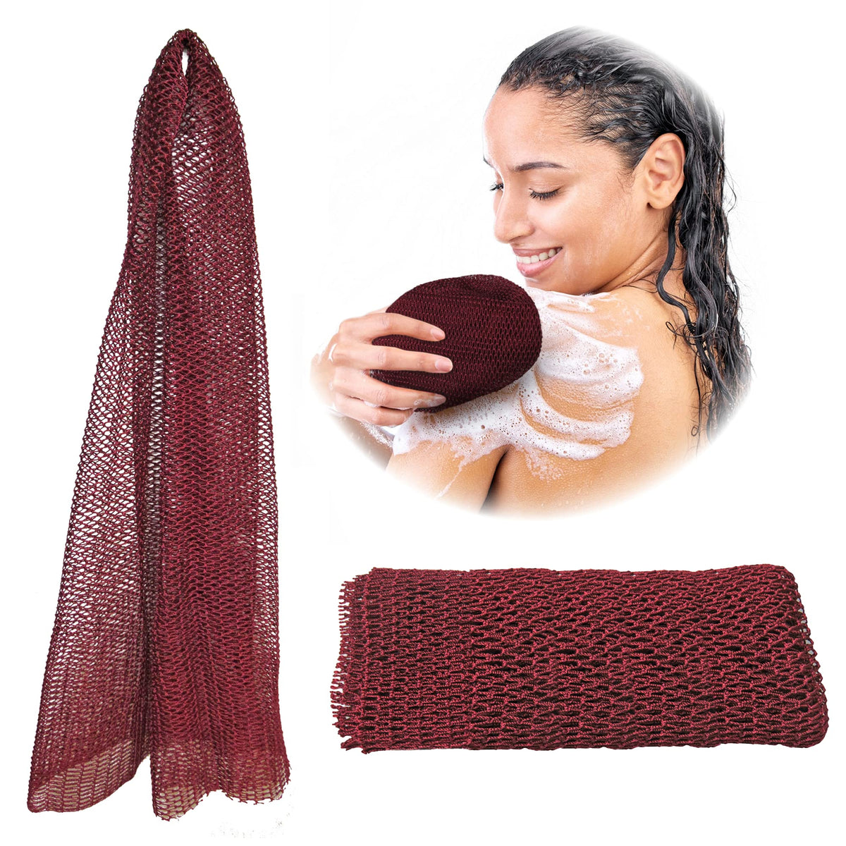 Adeton esponja de red africana Burgundy, acercamiento que destaca su textura exfoliante.