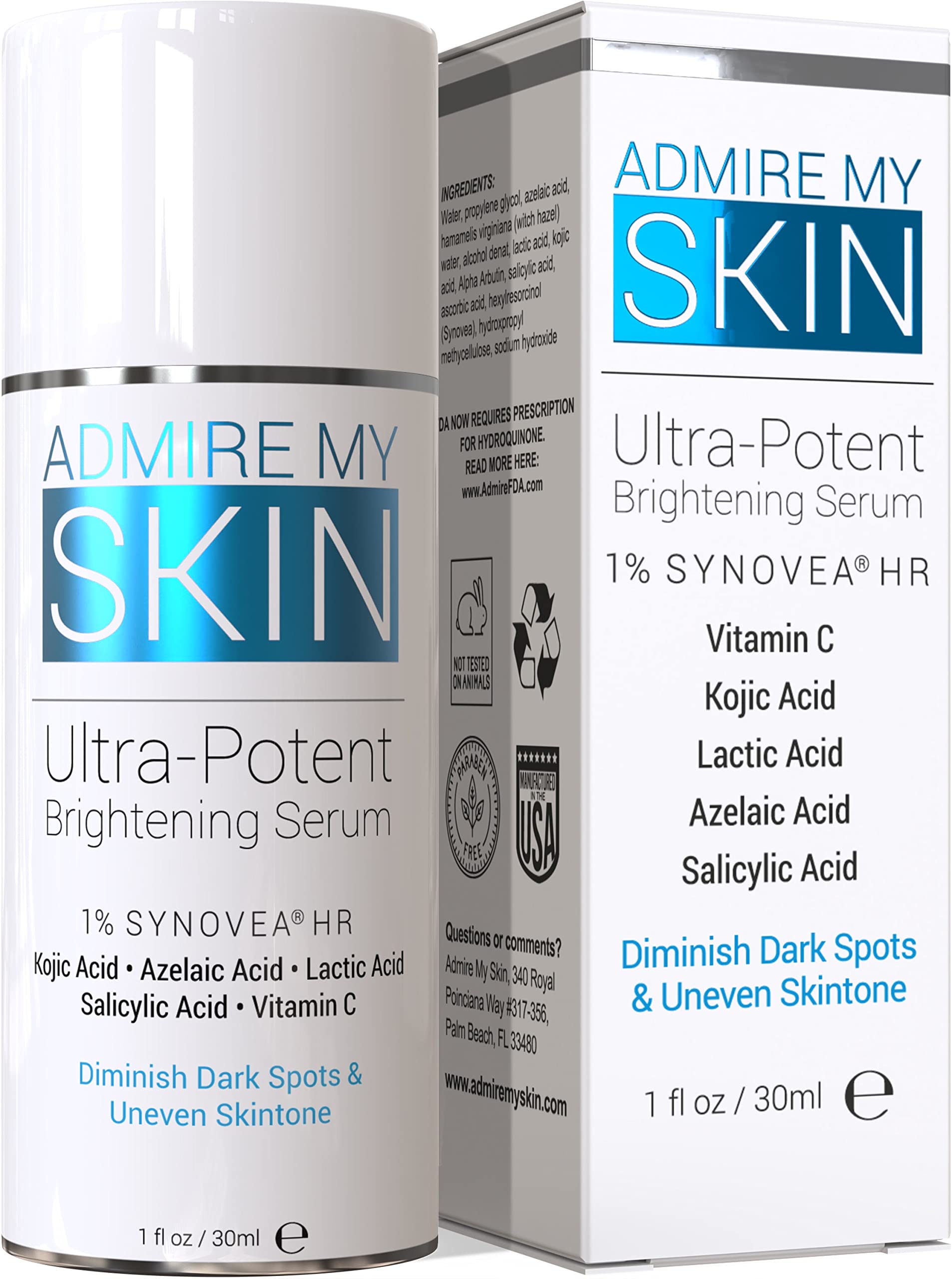 Serum Admire My Skin para manchas oscuras en botella, ilumina tono de piel.