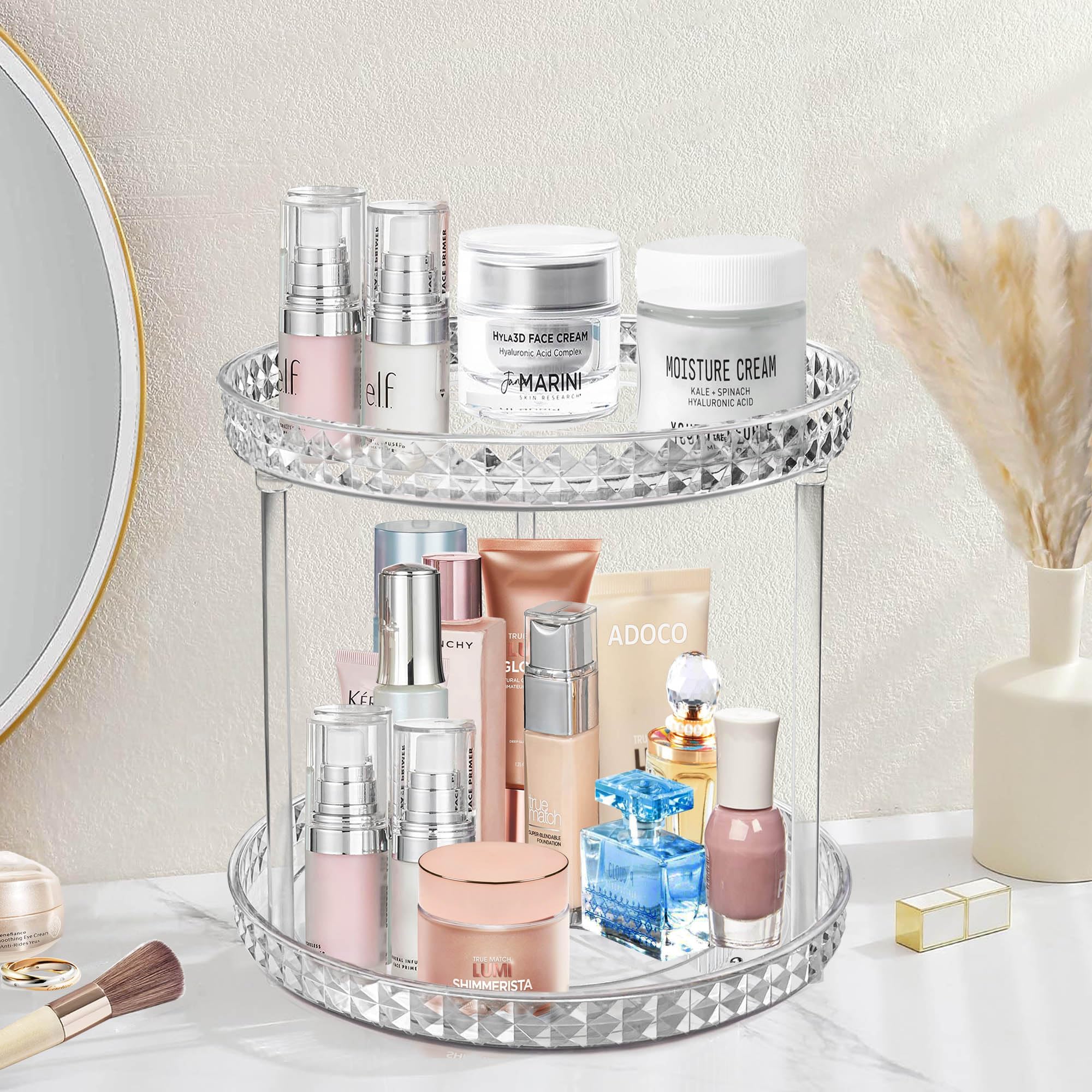 Adoco organizador diamante de dos niveles, giro de 360°, acceso rápido a cosméticos.