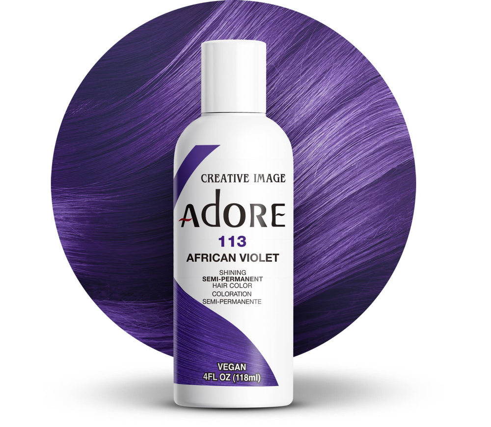 Adore color de pelo 113 African Violet en botella para color vibrante y suave.
