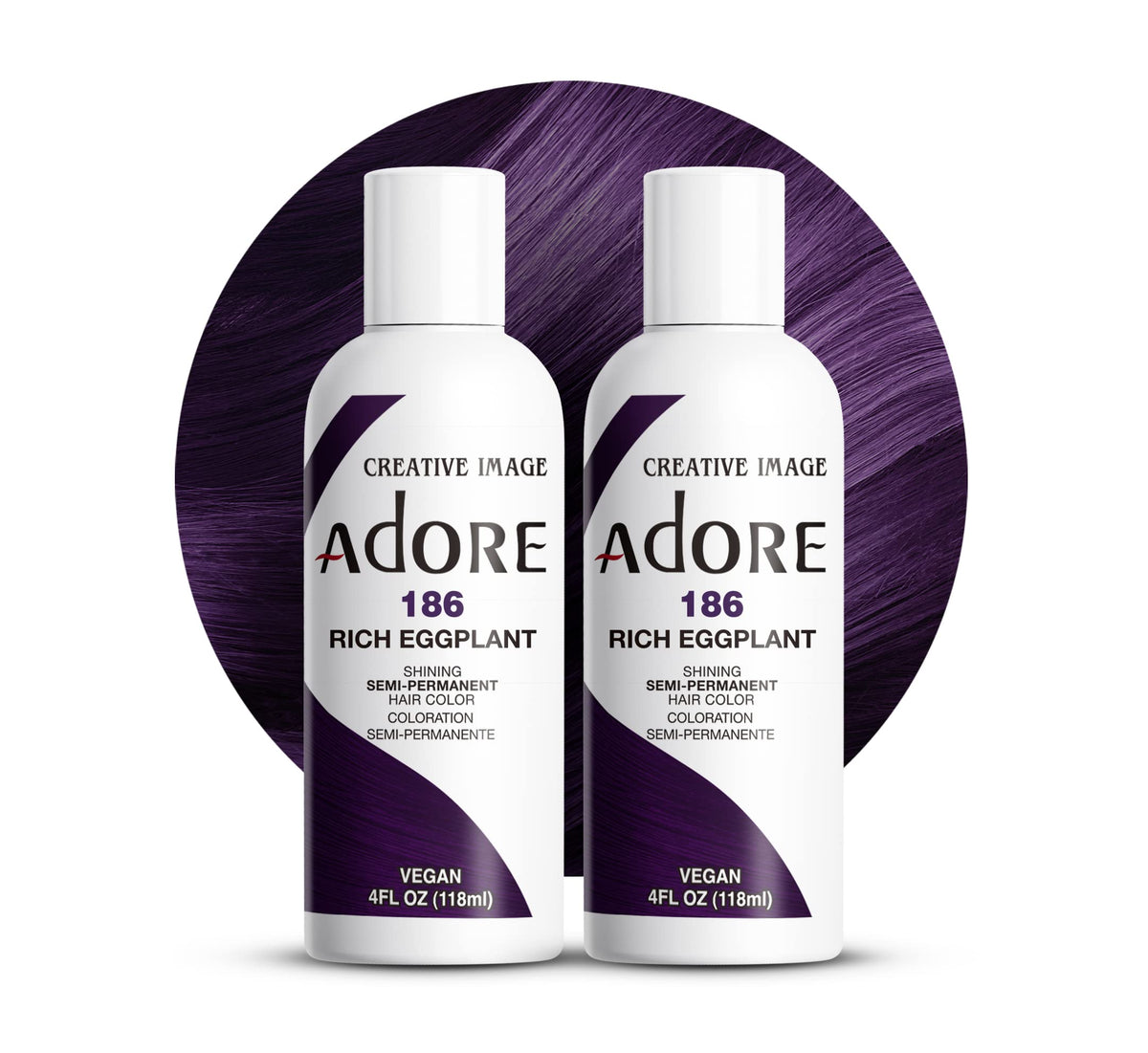 Adore coloración semipermanente berenjena 186, tono intenso para cabello morado.
