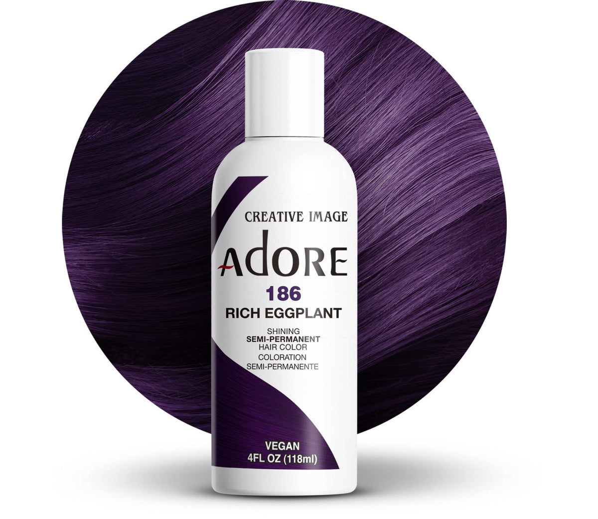 Adore color semipermanente 186 berenjena, botella: color intenso y duradero para el cabello.