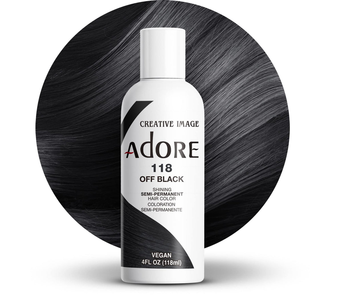Adore Color Semipermanente Negro 118ml en envase listo para usar.